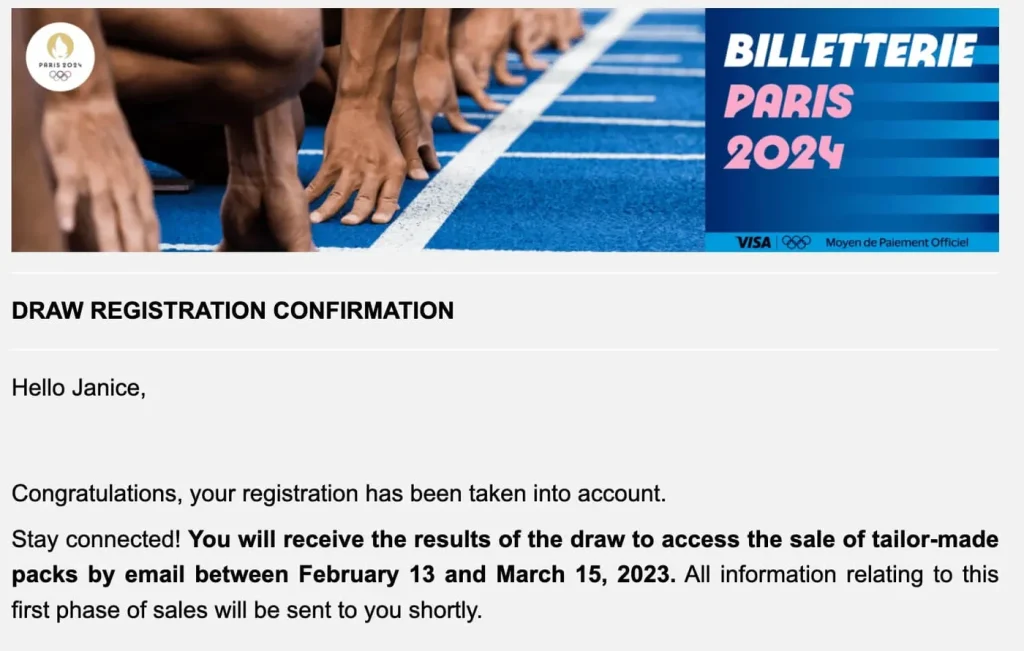 Image of email confirmation from Paris 2024 Olympics ticket lottery sign up