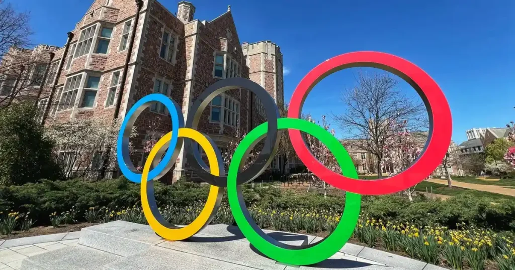 Olympic rings at Washington University in St. Louis, Missouri, USA, the site of the 1904 Olympic Games, on a sunny day in early spring. Credit: Gatherandgotravel.com