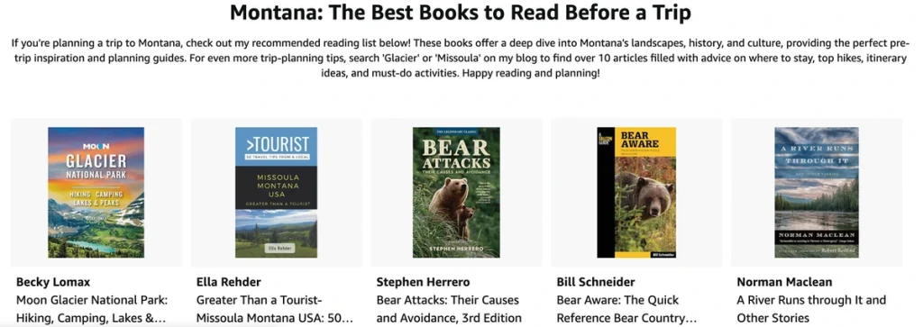 Gather and Go Travel screenshot of Montana book list